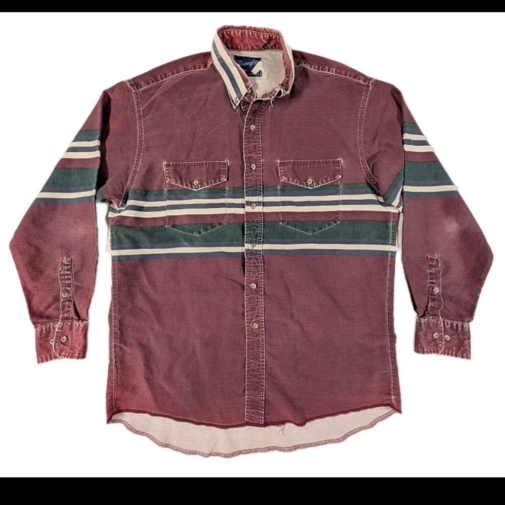 Vintage Wrangler Men's Western Button Down Shirt XL 17.5 x 35 Maroon Striped